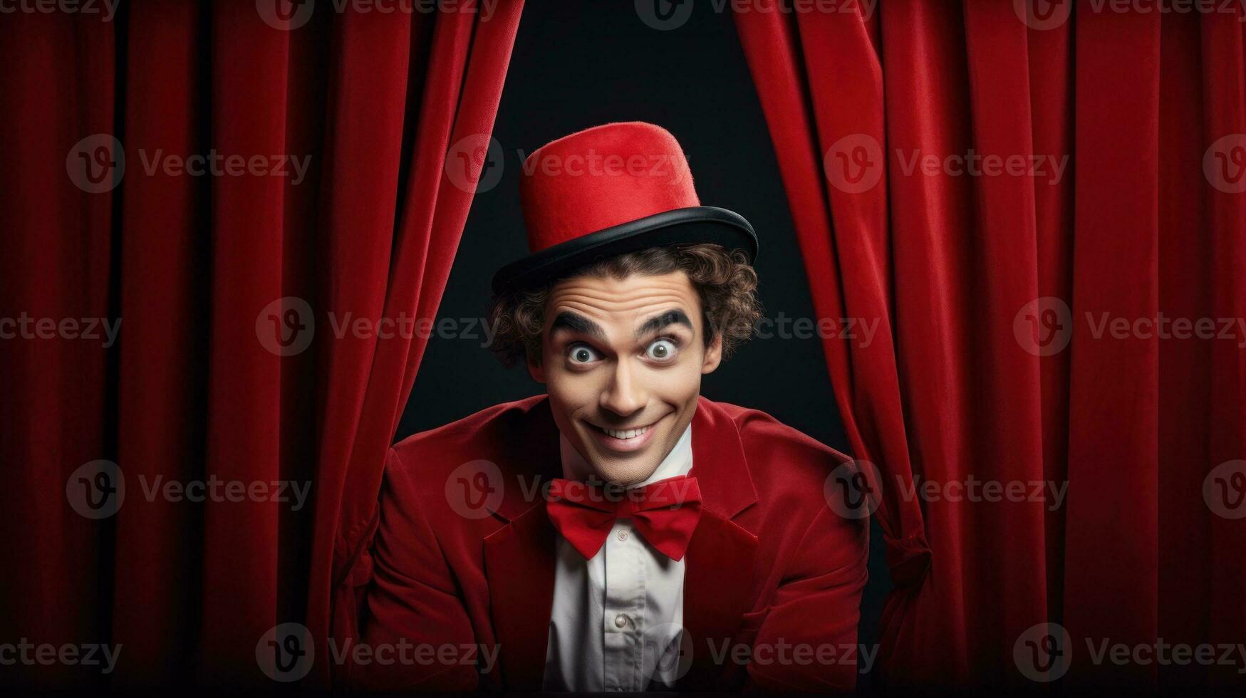 AI generated Man in red suit and top hat peeks from behind curtain. Generative AI photo