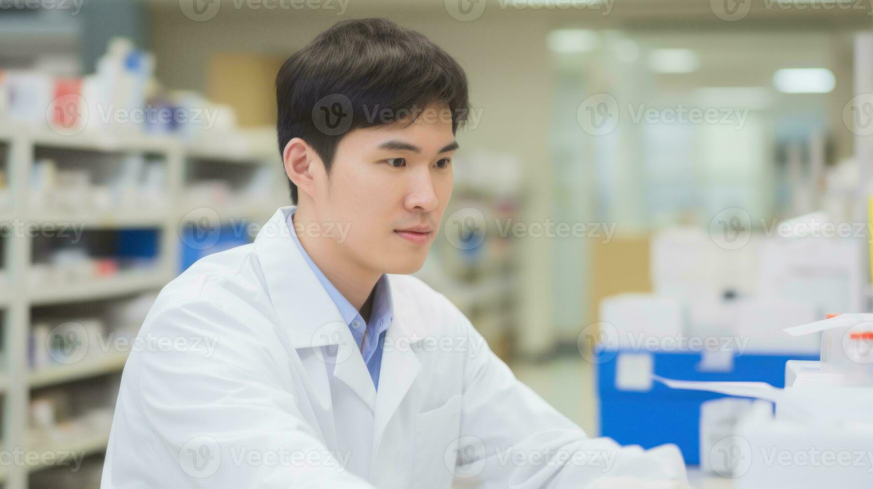 ai generado un joven estudiante trabajando en un Ciencias laboratorio. generativo ai foto