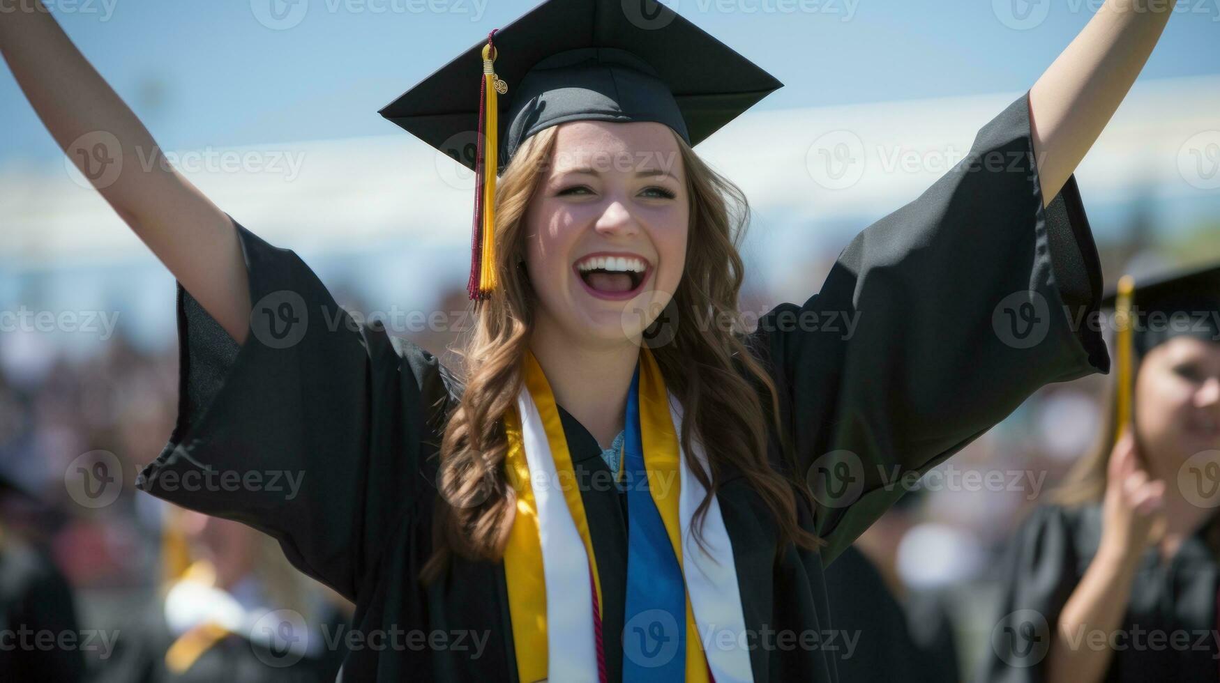 AI generated A woman in a graduation gown joyfully raises her arms in celebration of her academic achievement. Generative AI photo