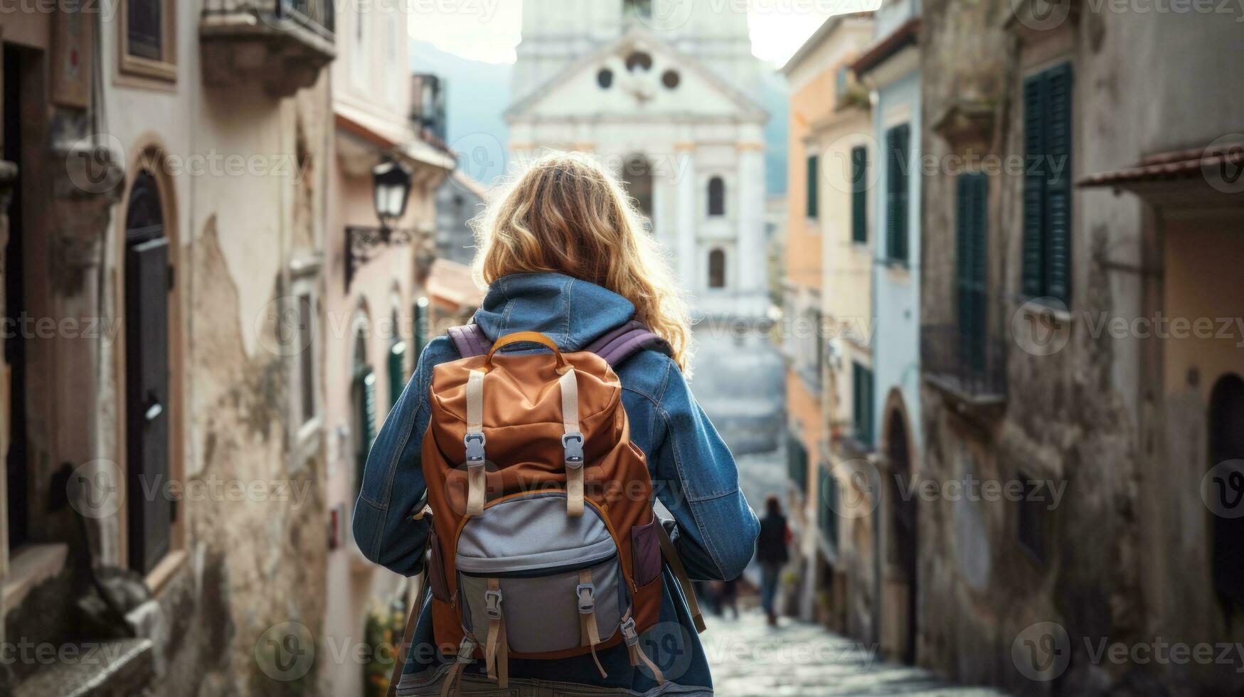 AI generated Woman with backpack walking down narrow street. Generative AI photo