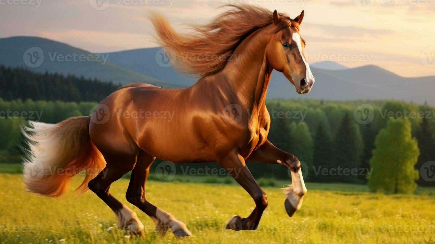 AI generated A horse galloping in a field with majestic mountains in the background. Generative AI photo