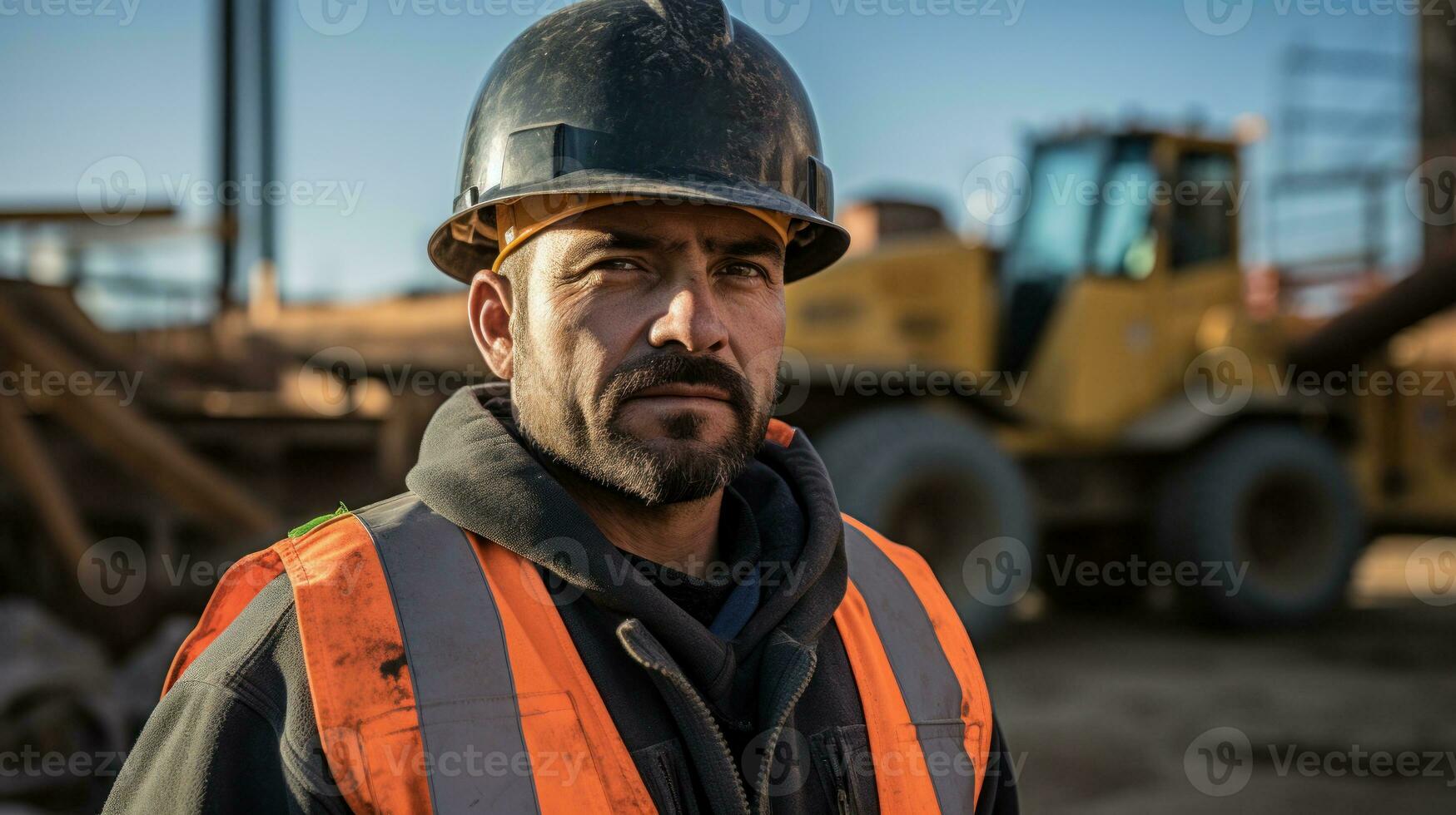AI generated A worker wearing a hard hat and holding a tool while working in a construction site. Generative AI photo