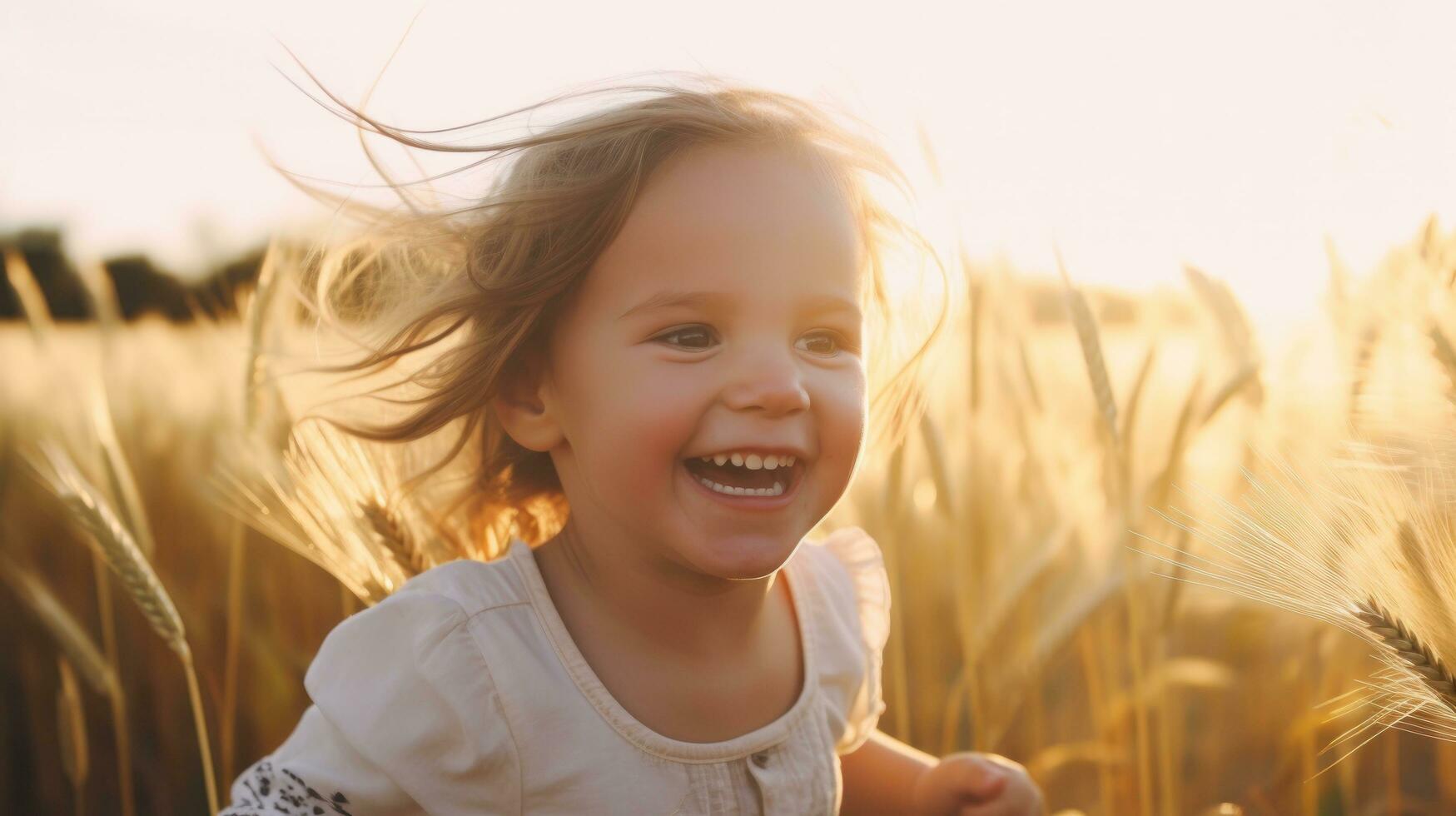 ai generado un joven niña alegremente corriendo mediante un dorado trigo campo, su pelo fluido en el viento. generativo ai foto