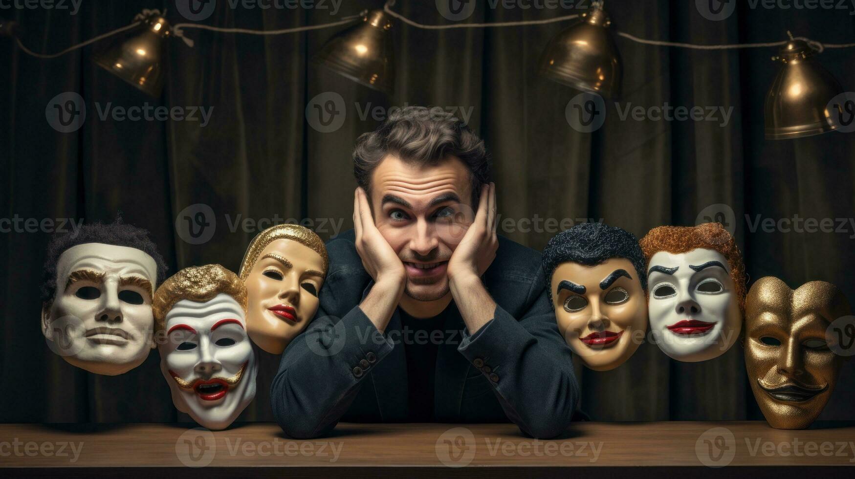 AI generated A man wearing multiple masks on his head, showcasing various expressions and identities. Generative AI photo