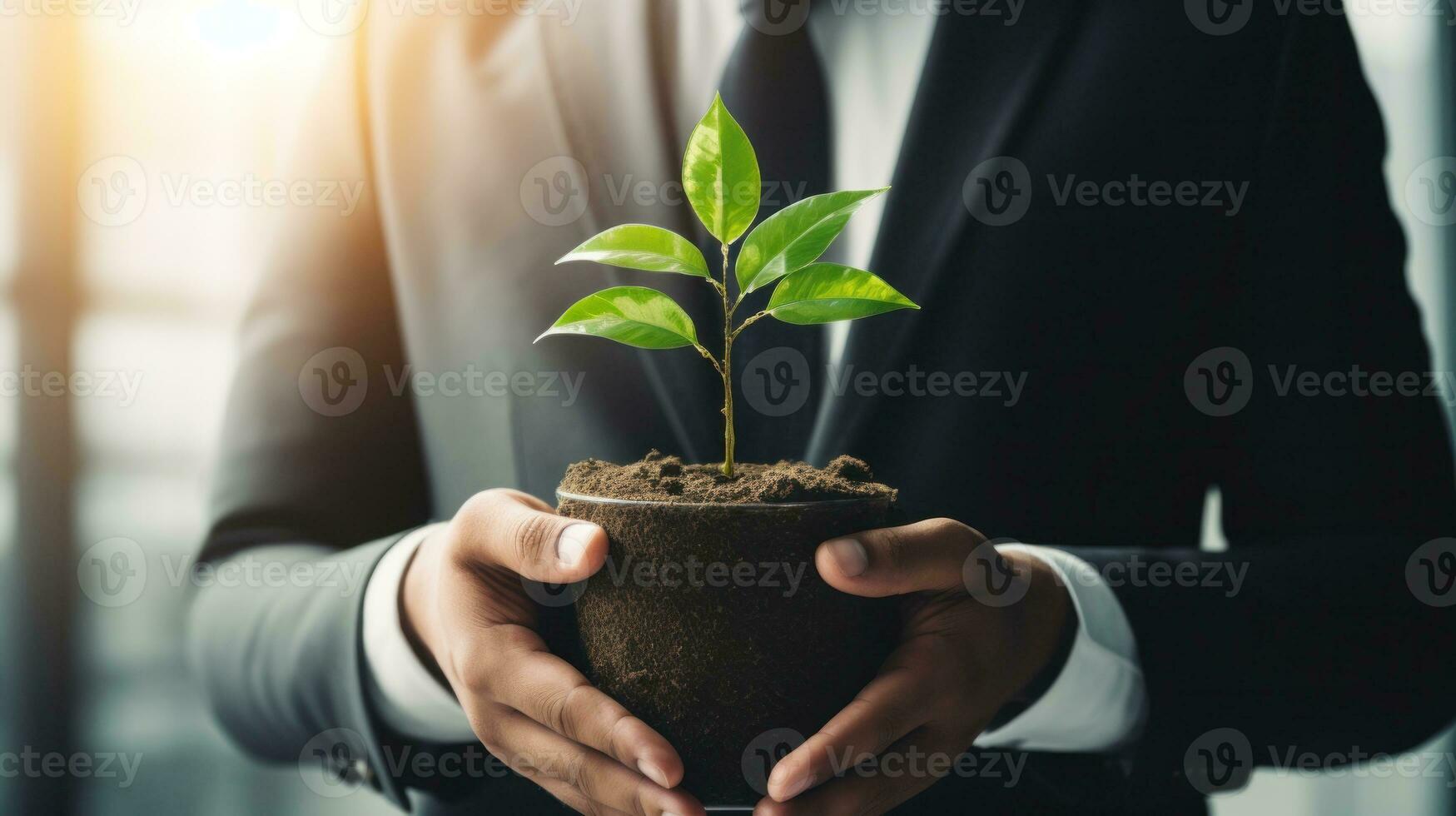 ai generado un empresario sostiene un joven árbol en su manos, simbolizando crecimiento y sustentabilidad en negocio. generativo ai foto