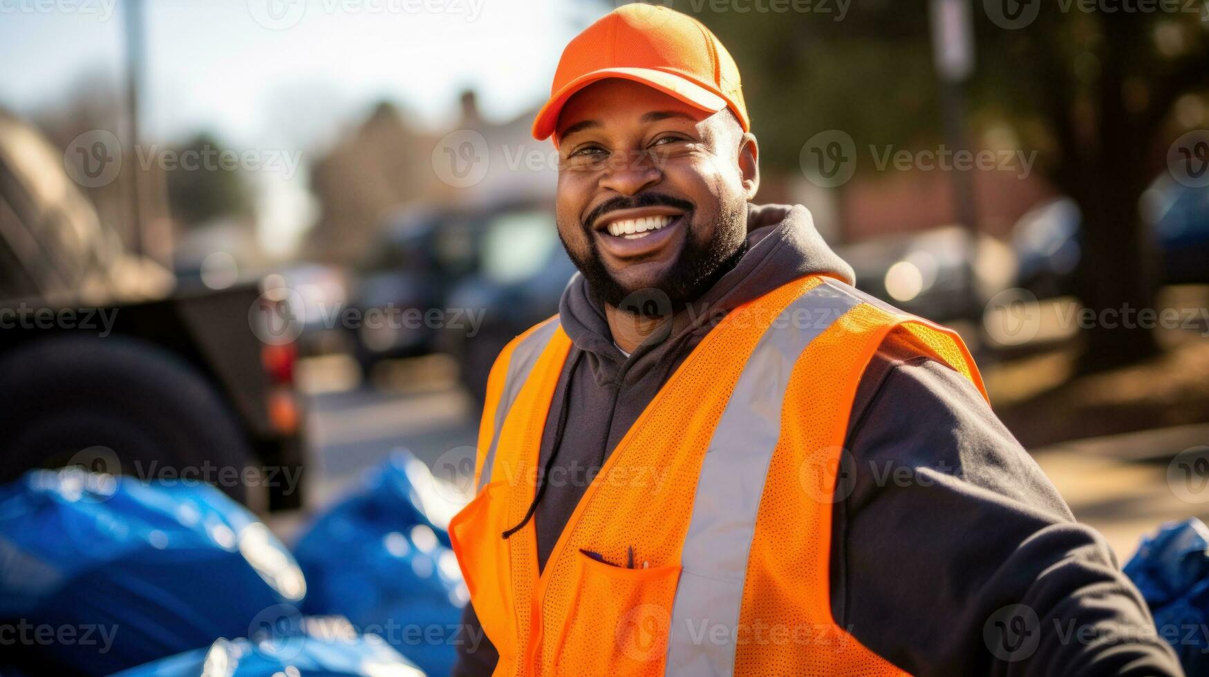 AI generated A man in an orange vest and hat, smiling while collecting trash . Generative AI photo