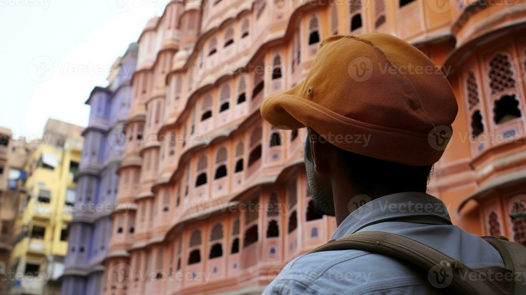 AI generated A man in a hat stands in front of vibrant buildings. Generative AI photo