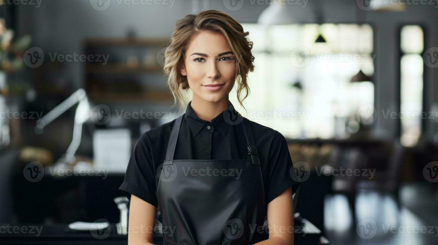 AI generated A happy young woman in an apron standing in a restaurant. Generative AI photo