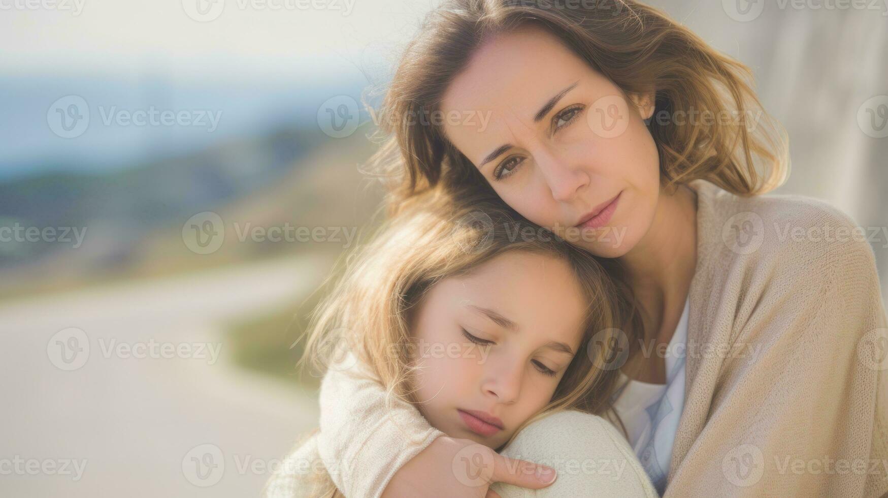 AI generated A mother embracing her daughter affectionately on the side of a road. Generative AI photo