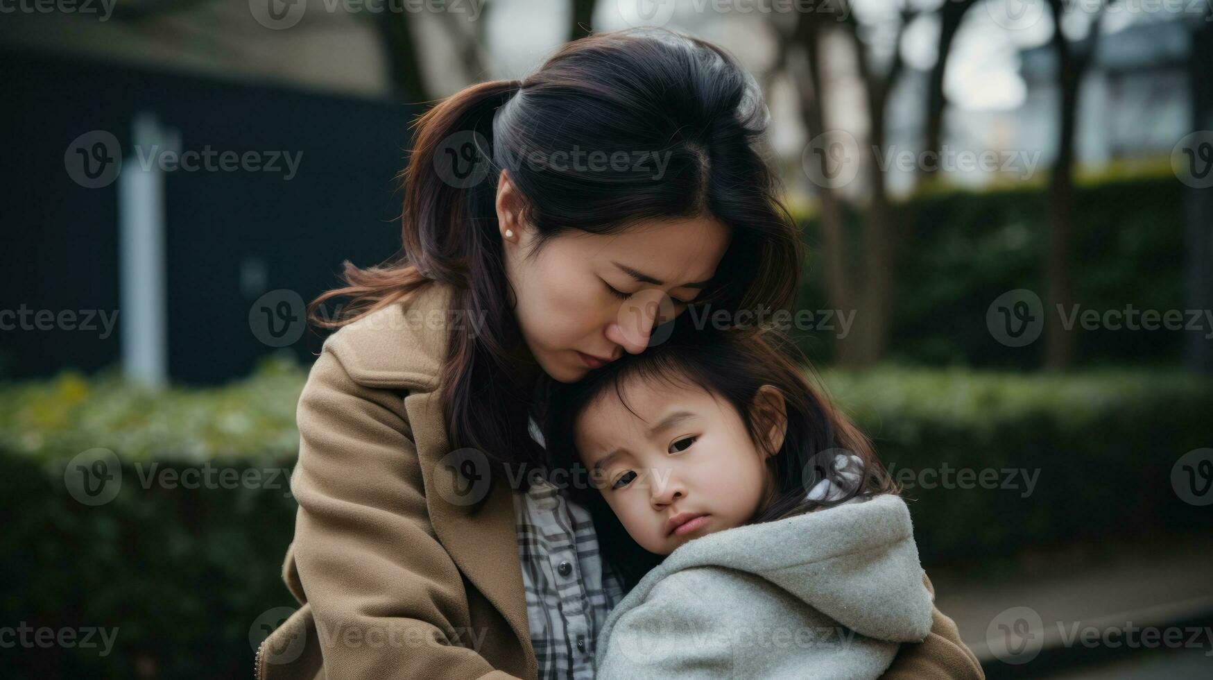 AI generated A woman tenderly cradling a child in her arms, displaying a bond of love and care. Generative AI photo
