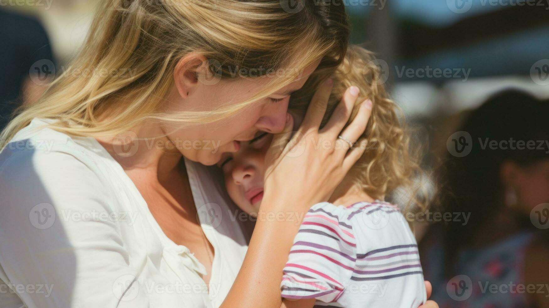 AI generated A heartwarming image of a woman and child embracing each other tightly, expressing love and affection. Generative AI photo