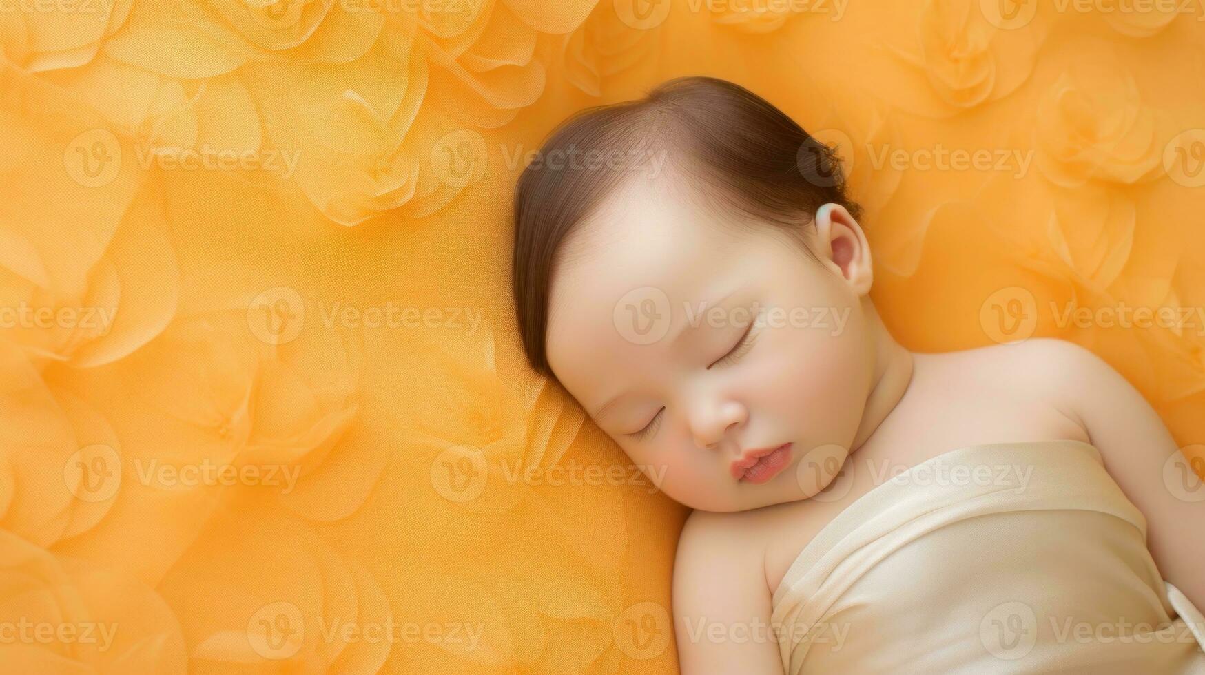 AI generated A peaceful baby sleeping soundly on a vibrant yellow background. Generative AI photo