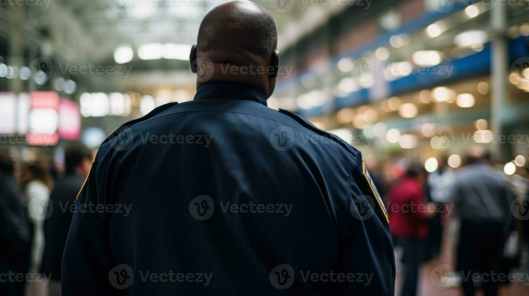 AI generated A uniformed police officer stands in the middle of a crowd in a public place. Generative AI photo