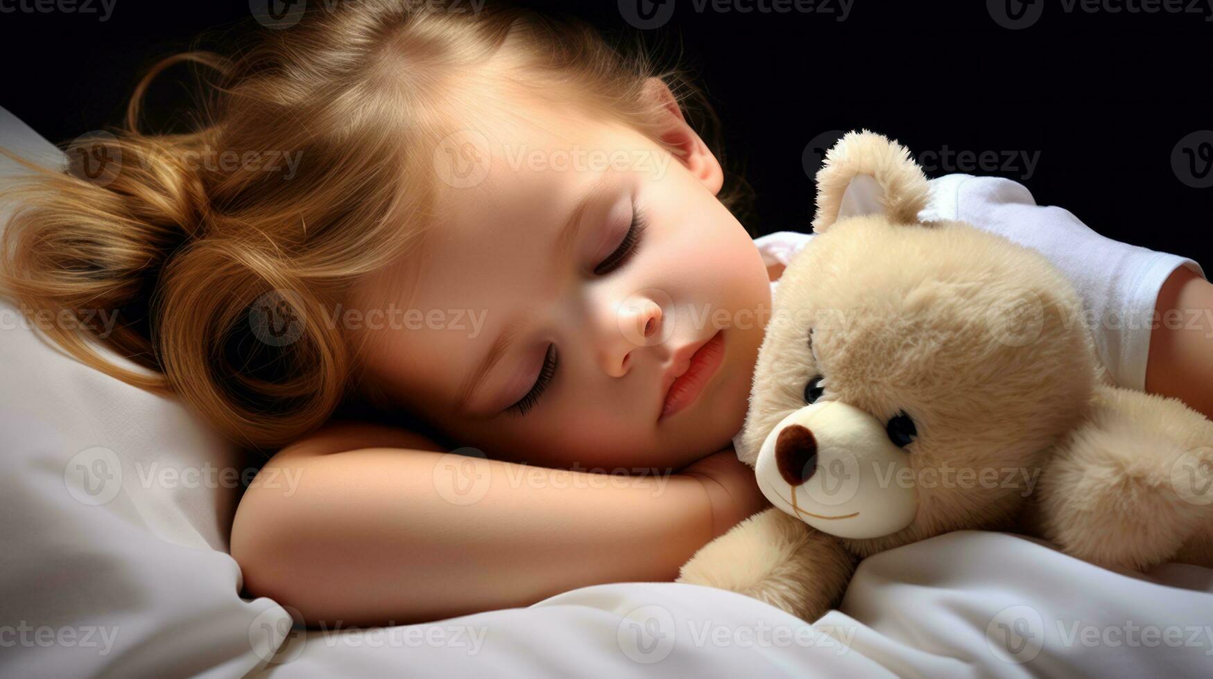 AI generated A happy little girl sleeping soundly with her teddy bear by her side. Generative AI photo