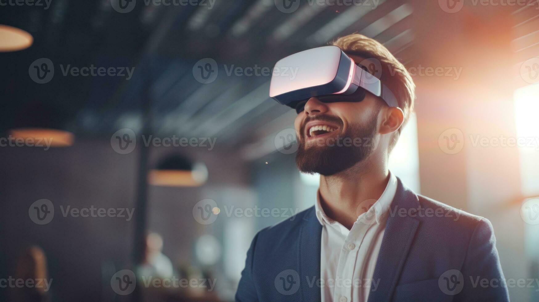 AI generated A man immersed in a virtual reality experience, wearing a VR headset, exploring a digital world. Generative AI photo