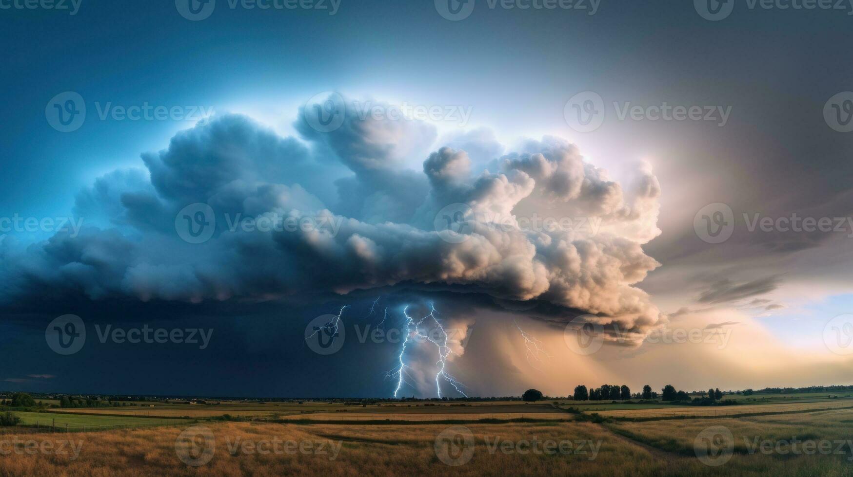AI generated A massive cloud crackling with lightning bolts illuminating the sky. Generative AI photo