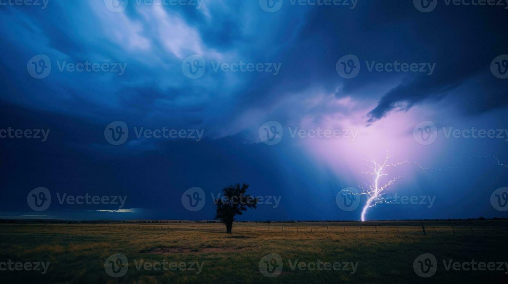 AI generated Dramatic lightning illuminates a field with a tree in the foreground. Generative AI photo