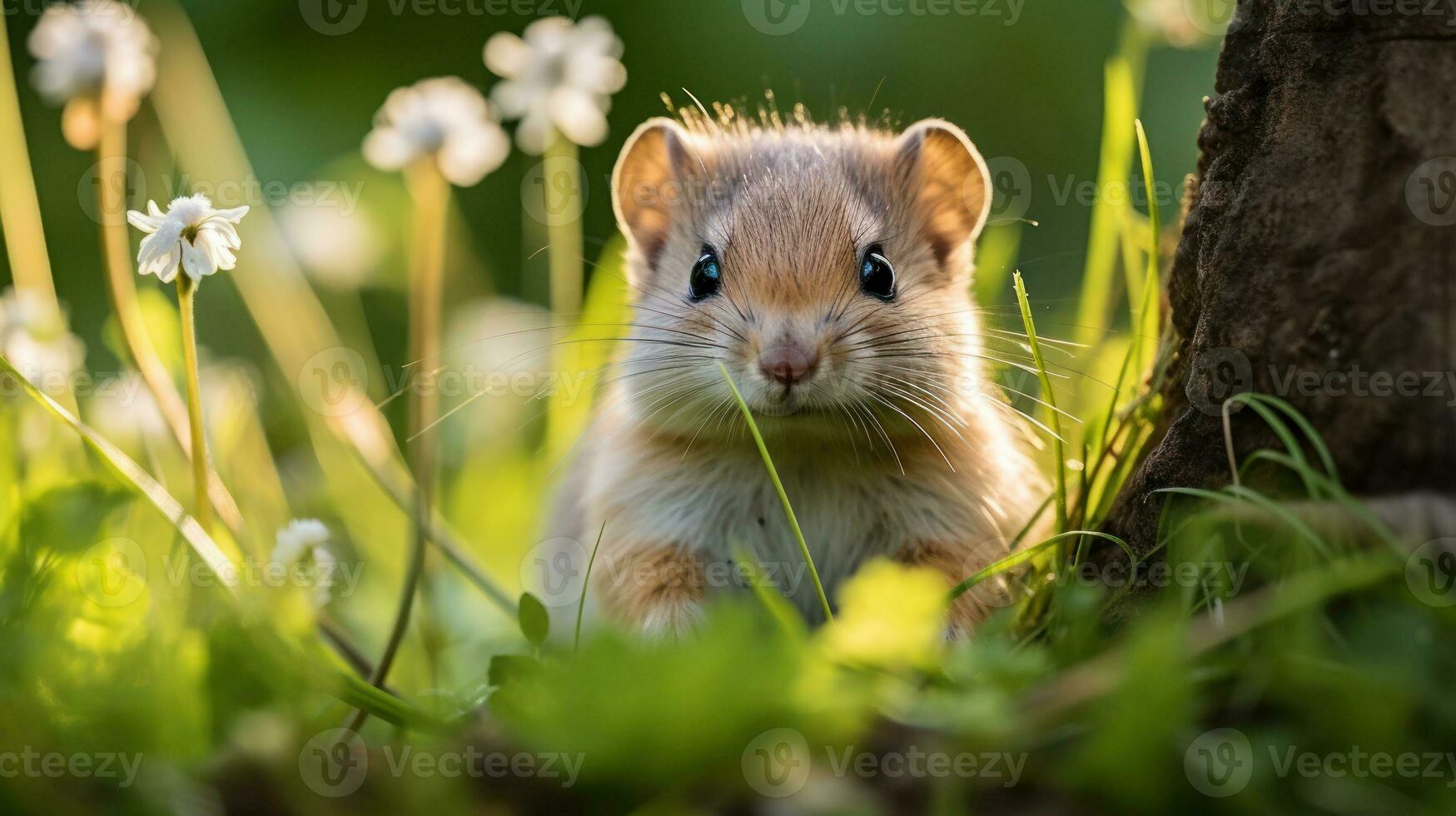 AI generated A cute squirrel looking through the grass. Generative AI photo