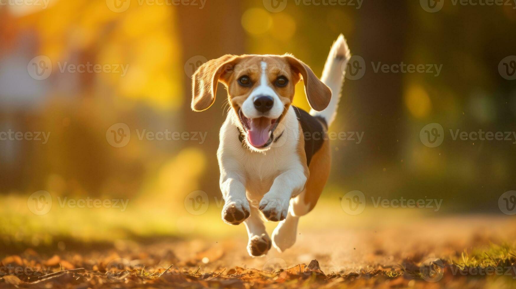 AI generated A beagle dog energetically running on a dirt road, showcasing its agility and love for outdoor activities. Generative AI photo