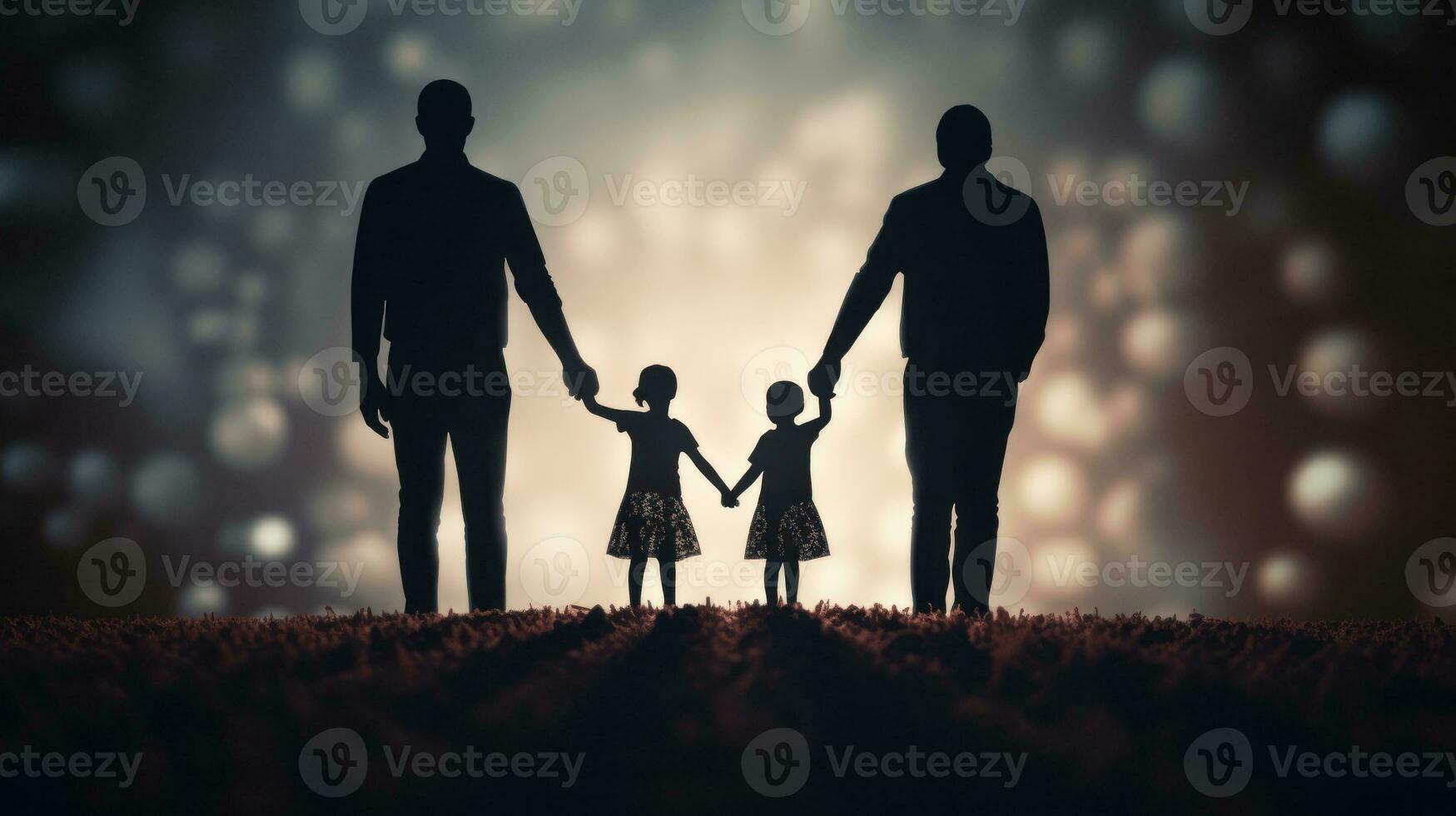 AI generated Silhouette of a family holding hands, standing in front of a light background. Generative AI photo