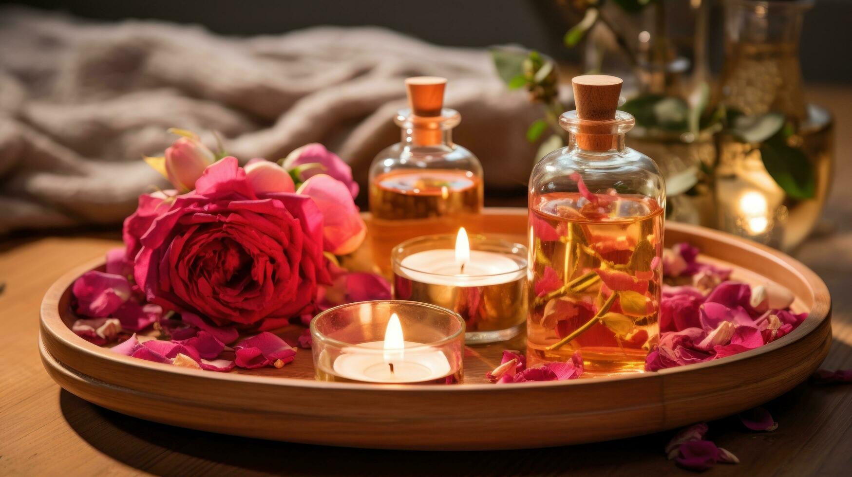 ai generado un spa bandeja con dos botellas de petróleo y un rosa, Perfecto para un relajante masaje. generativo ai foto