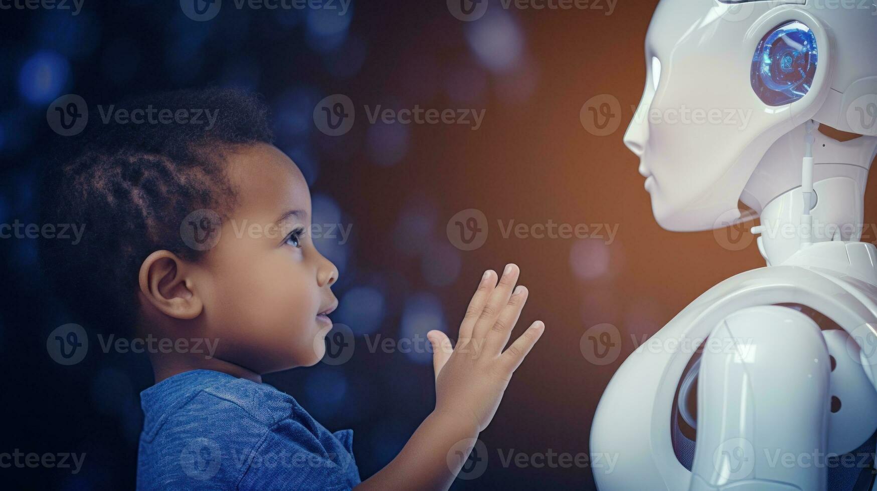 AI generated A young boy gazes at a robot, captivated by its presence and curious about its capabilities. Generative AI photo