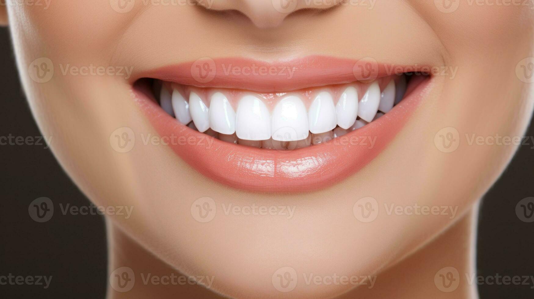 ai generado un mujer con un brillante sonrisa exhibiendo blanco dientes y rosado labios. generativo ai foto