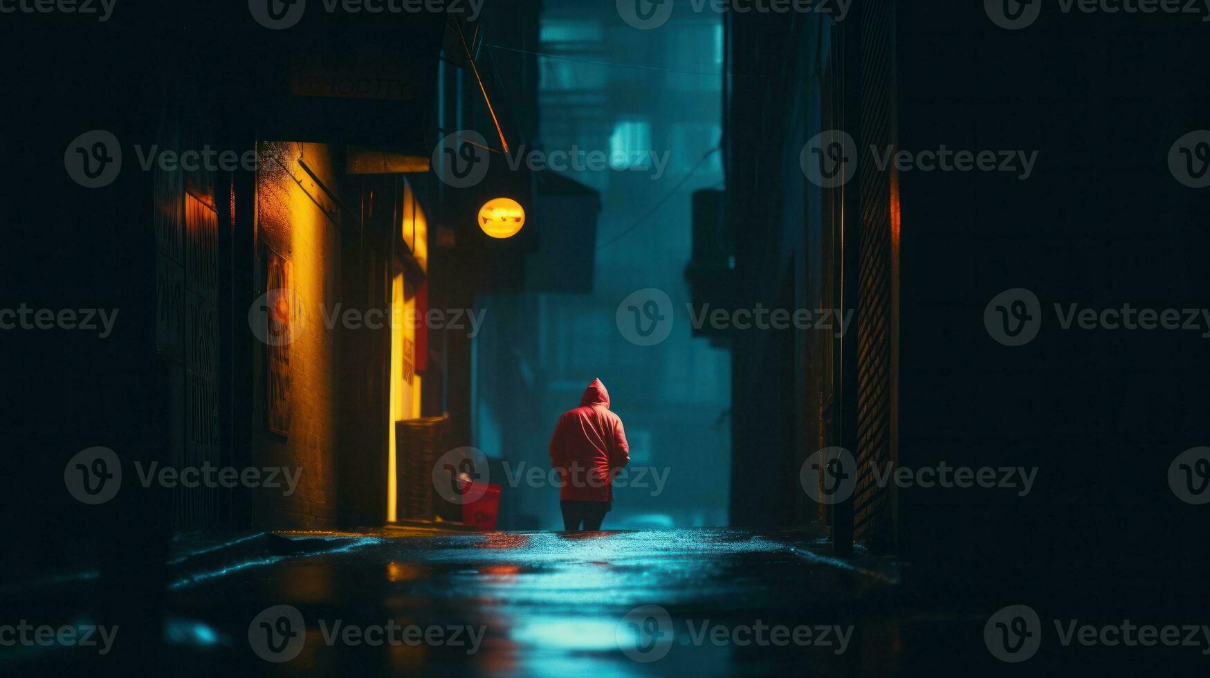 AI generated A man in a hoodie walking on an empty street at night. Generative AI photo