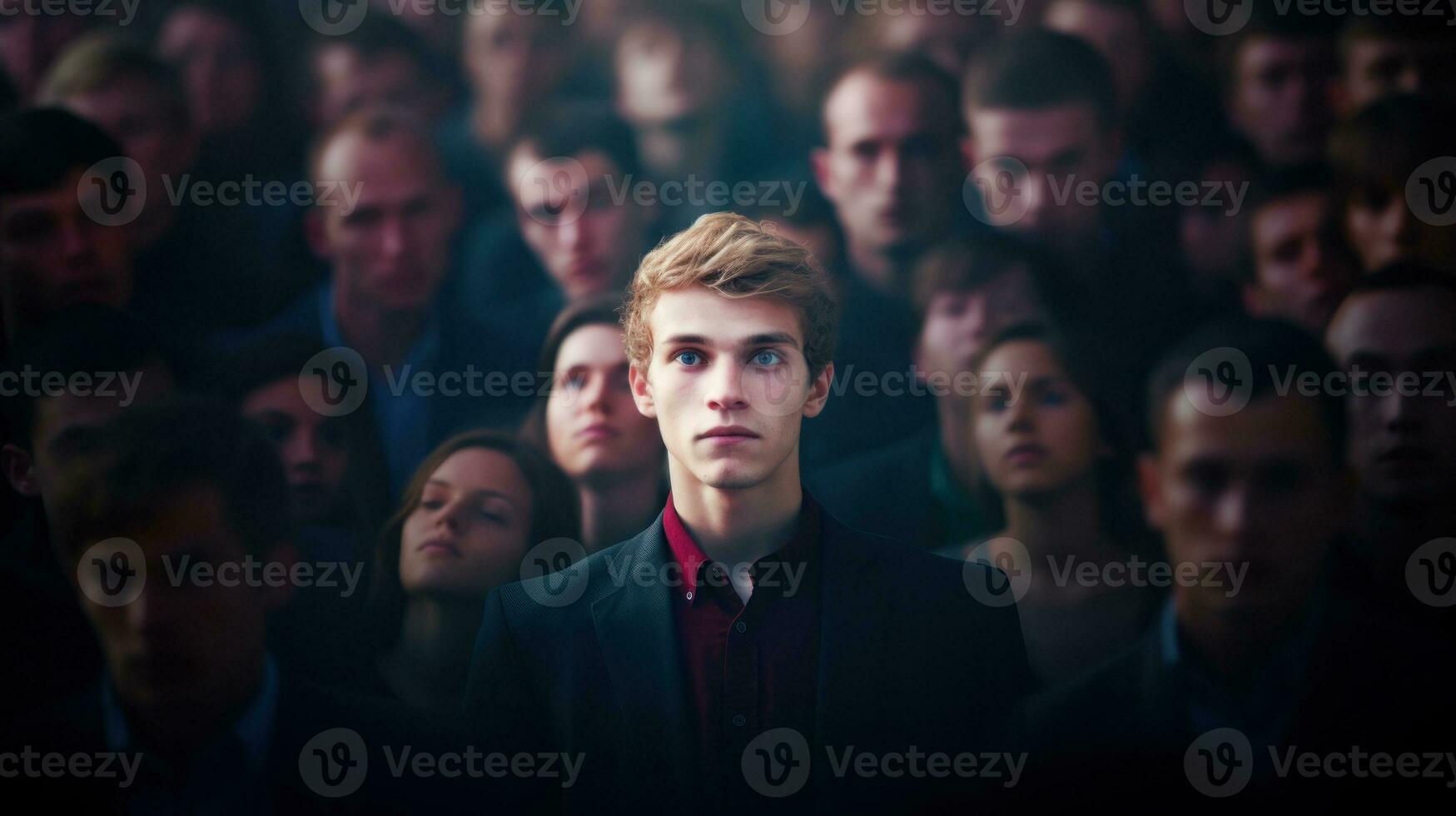 AI generated A man standing in a crowd of people, looking ahead. Generative AI photo