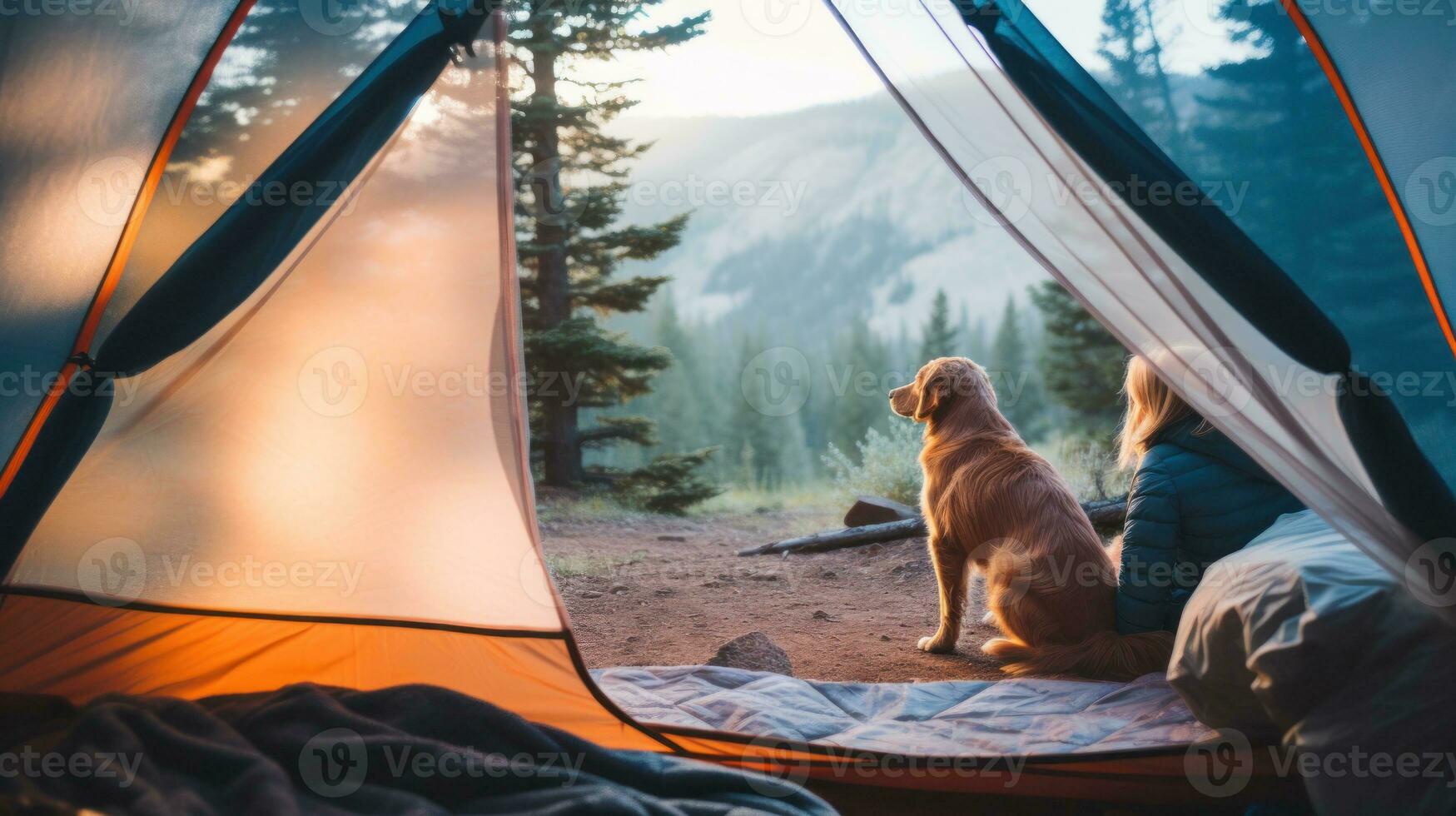 AI generated A woman and her dog sitting inside a tent, enjoying the outdoors and spending quality time together. Generative AI photo