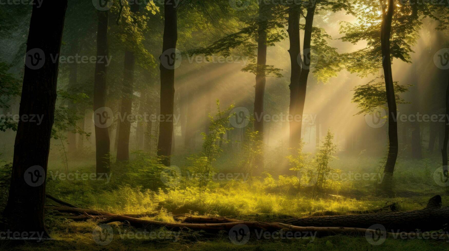 AI generated The sun's rays filtering through the trees in a serene forest, creating a beautiful play of light and shadows. Generative AI photo