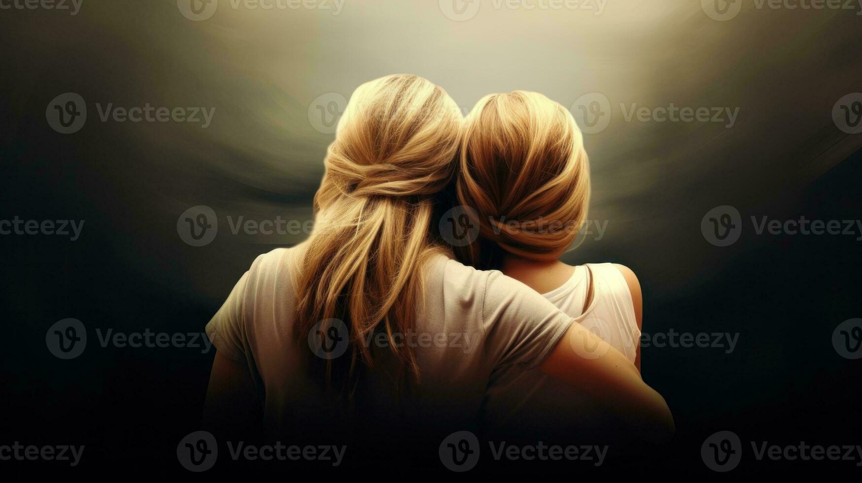 AI generated Two women hug each other in a dark room. Generative AI photo