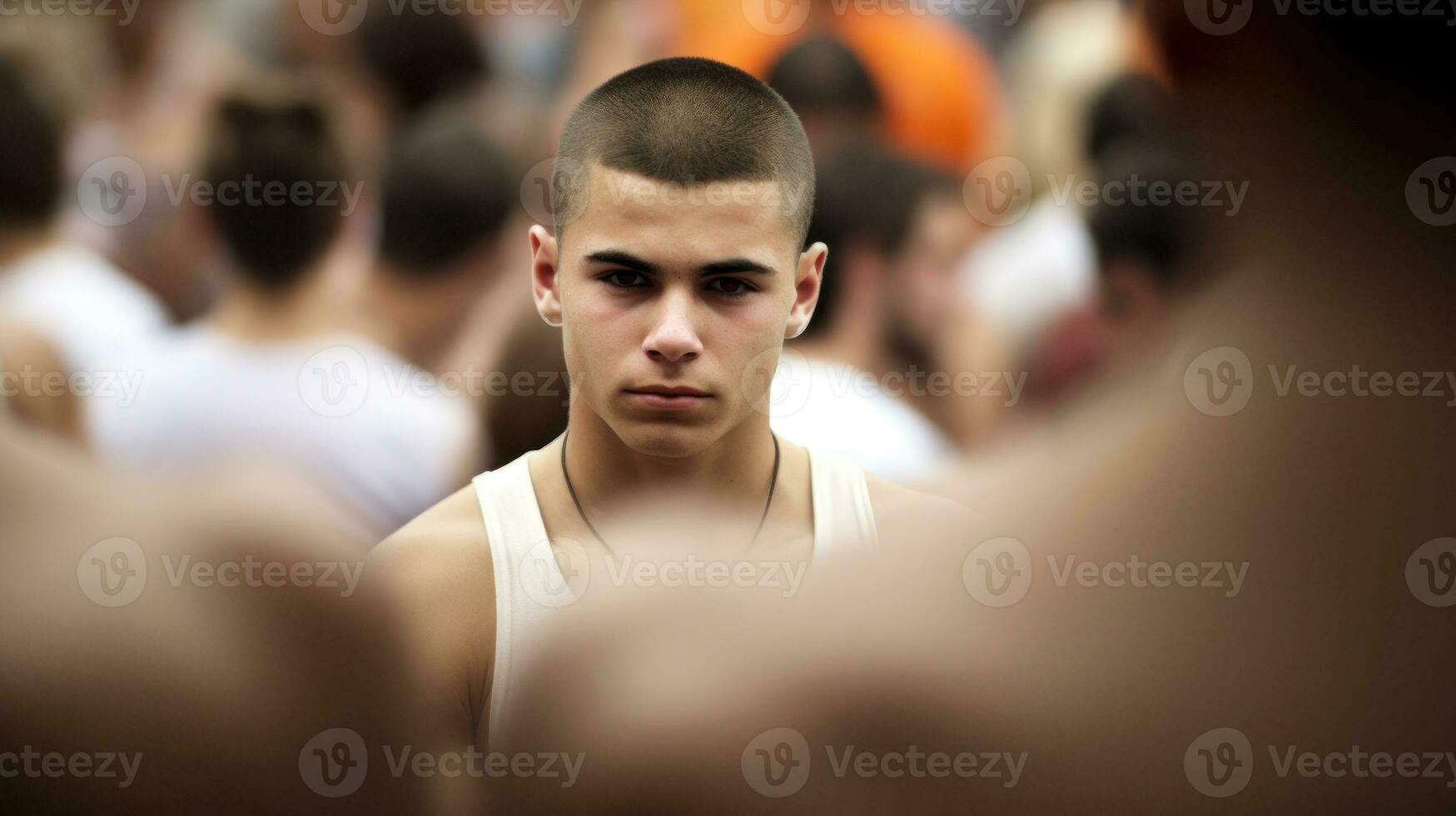 ai generado un hombre en pie en un multitud de gente, mirando adelante. generativo ai foto