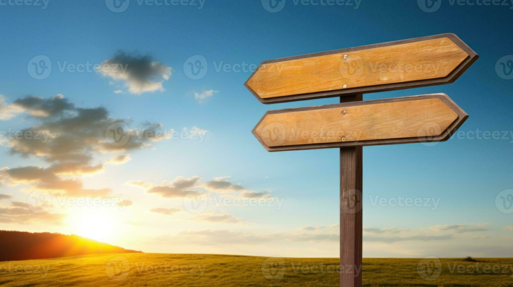 AI generated Direction signs at sunset in a mountainous area. Generative AI photo