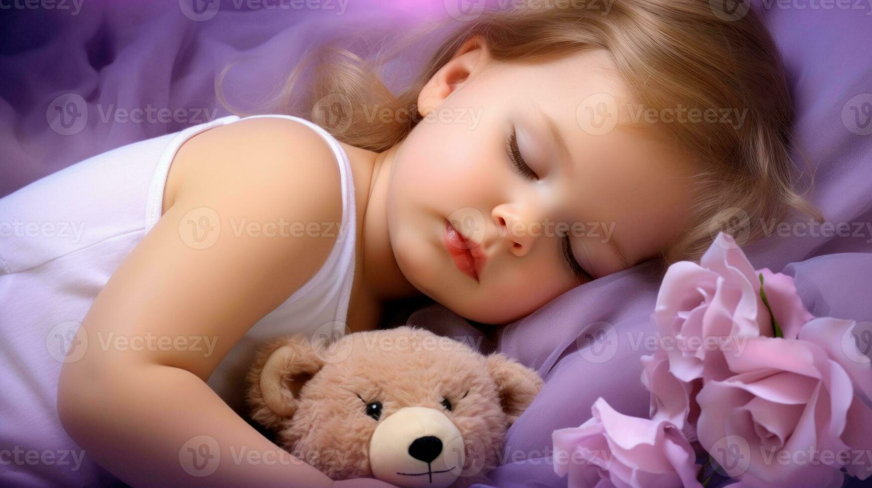 ai generado un contento pequeño niña dormido sólidamente con su osito de peluche oso por su lado. generativo ai foto