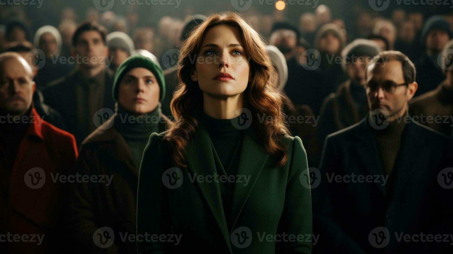 AI generated Woman in green jacket amidst crowd. Generative AI photo