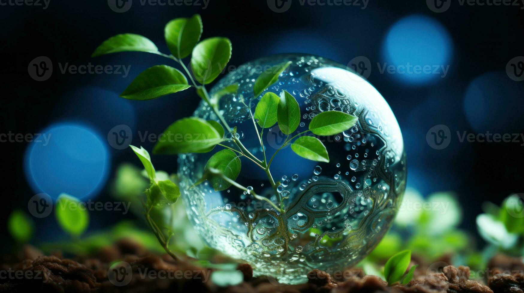 AI generated A glass sphere showcasing plants growing inside, creating a captivating and self-contained ecosystem. Generative AI photo