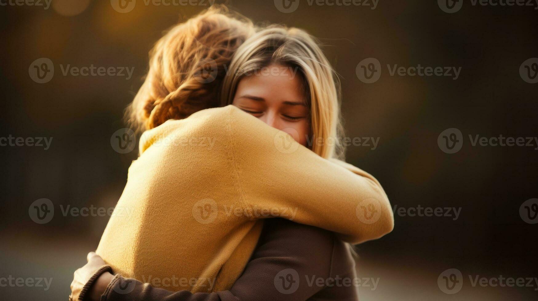 AI generated Two women hugging each other warmly express their love and friendship. Generative AI photo