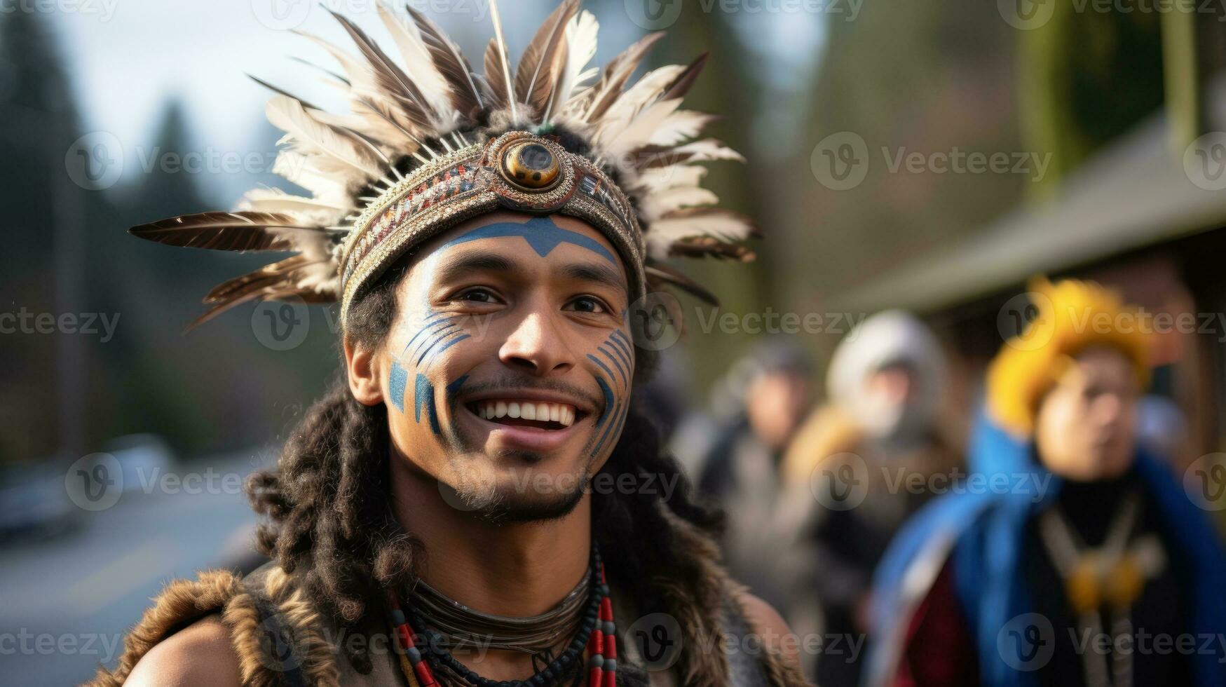 AI generated Smiling man with headdress and painted face at festival. Generative AI photo