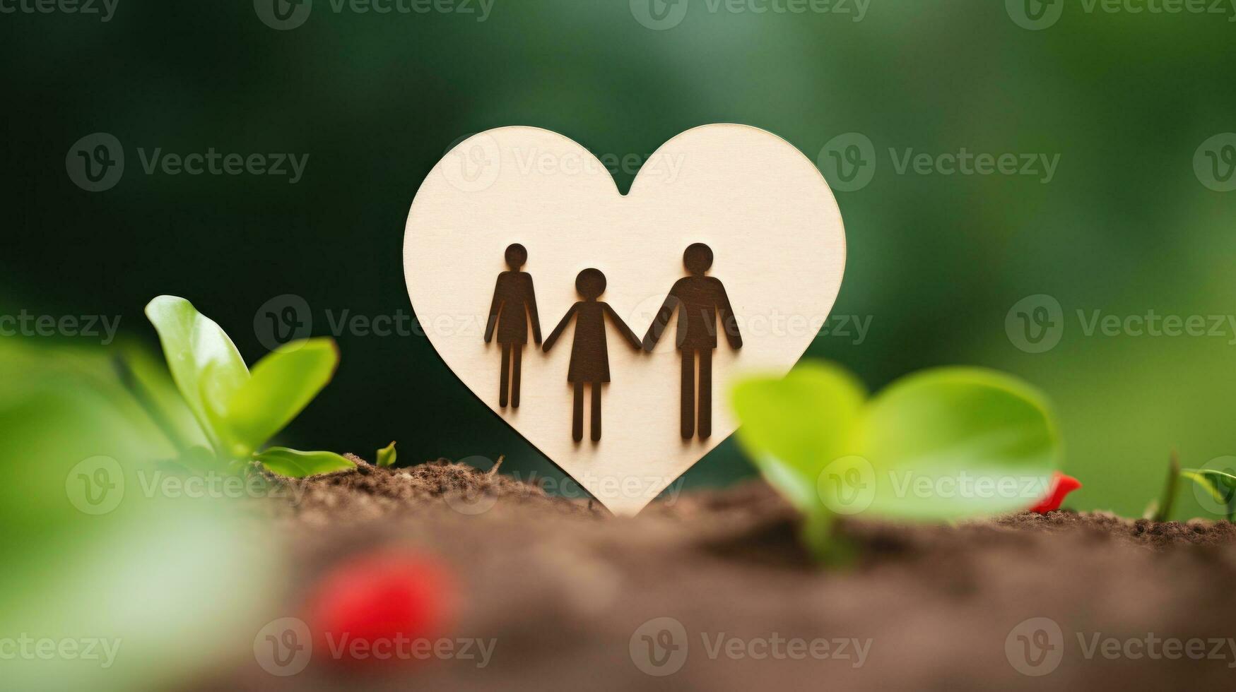 AI generated Wooden heart shape on green background symbolizing family and love. Generative AI photo