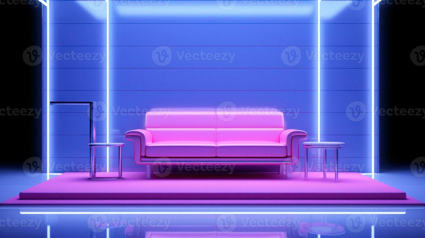 AI generated A vibrant neon pink couch in a room illuminated by a neon light, creating a bold and energetic atmosphere. Generative AI photo