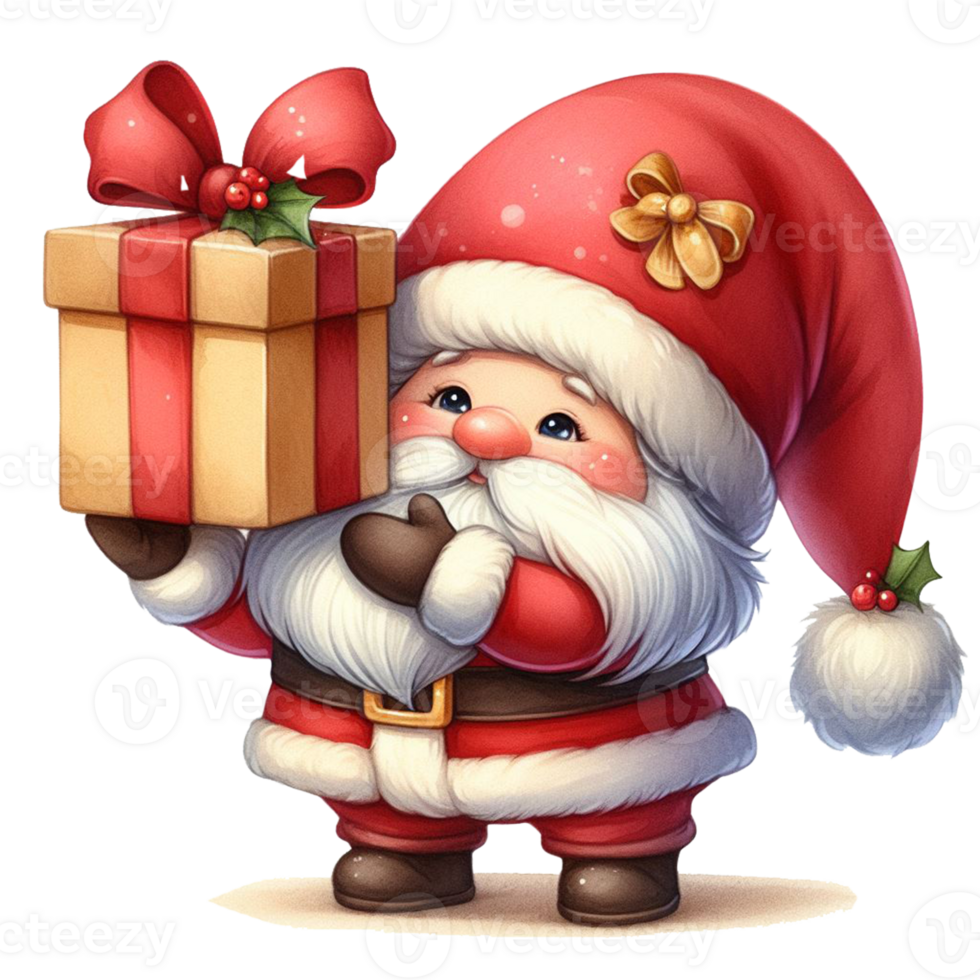 carino gnomo Santa Claus cartone animato mano disegnare cartone animato stile e Natale albero, Santa Tenere regalo scatola con caramella canna acquerello clipart su png trasparenza