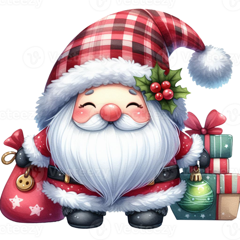 söt gnome santa claus tecknad serie hand dra tecknad serie stil och jul träd, santa innehav gåva låda med godis sockerrör vattenfärg ClipArt på png genomskinlighet