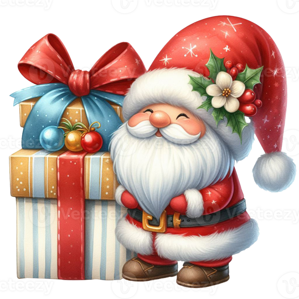 schattig gnoom de kerstman claus tekenfilm hand- trek tekenfilm stijl en Kerstmis boom, de kerstman Holding geschenk doos met snoep riet waterverf clip art Aan PNG transparantie