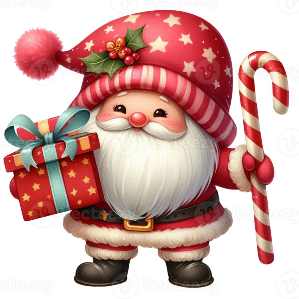 schattig gnoom de kerstman claus tekenfilm hand- trek tekenfilm stijl en Kerstmis boom, de kerstman Holding geschenk doos met snoep riet waterverf clip art Aan PNG transparantie