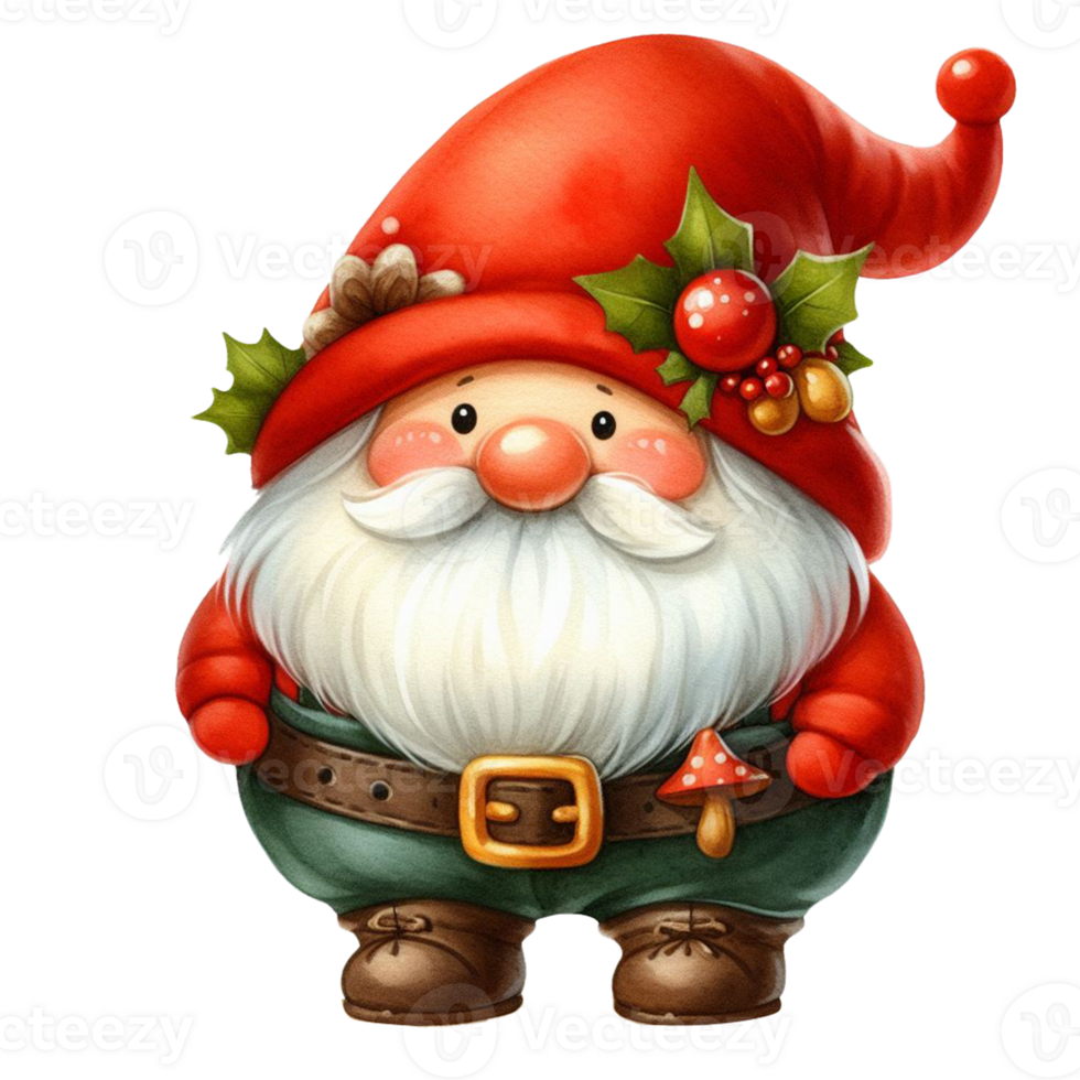 cute gnome santa claus cartoon hand draw cartoon style and christmas tree, santa holding gift box with candy cane watercolor clipart on png transparency