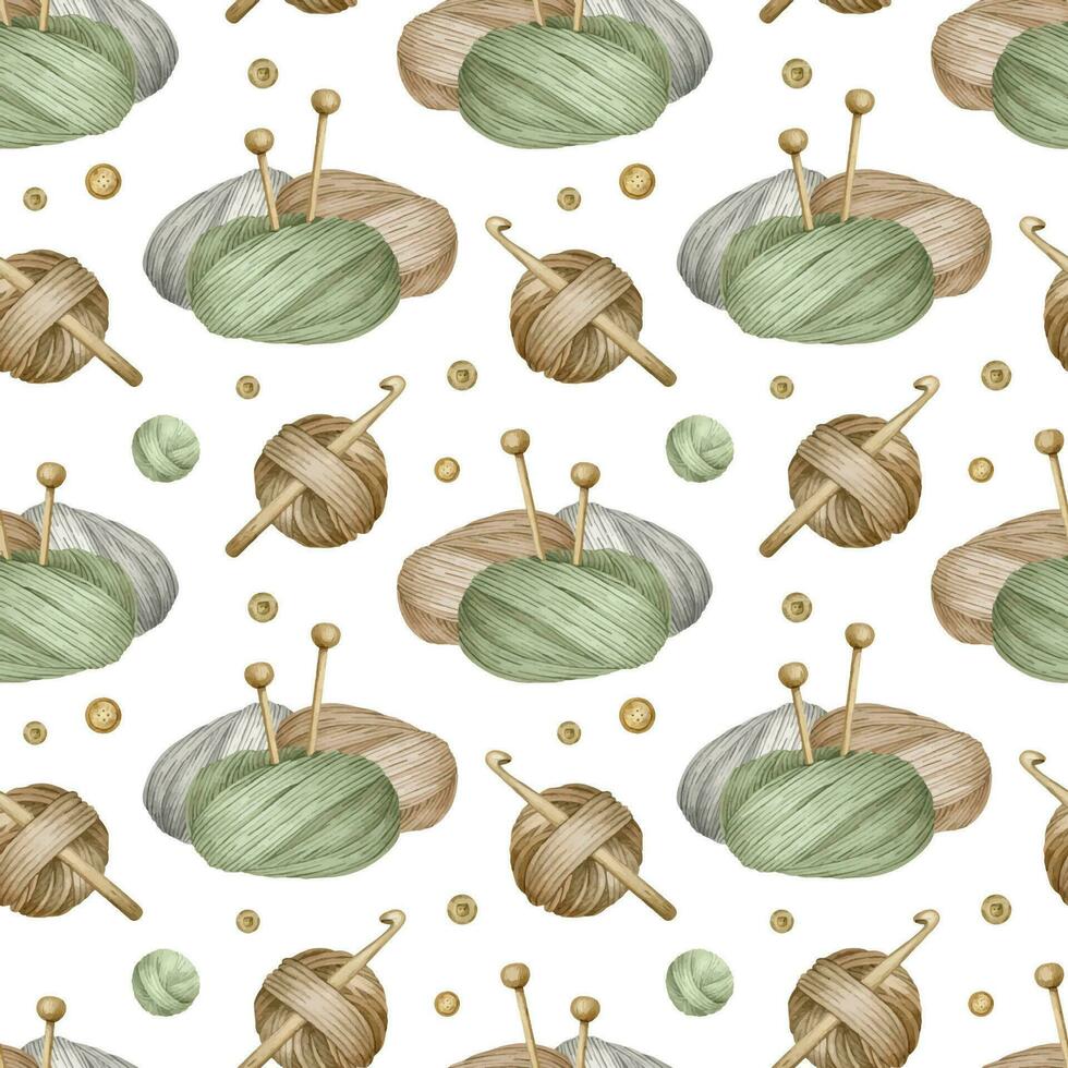 Brown, gray and green yarn balls, knitting needles, buttons . Watercolor seamless pattern on white background. For fabric, packaging paper, scrapbooking, product packaging design, yarn or wool shop. vector