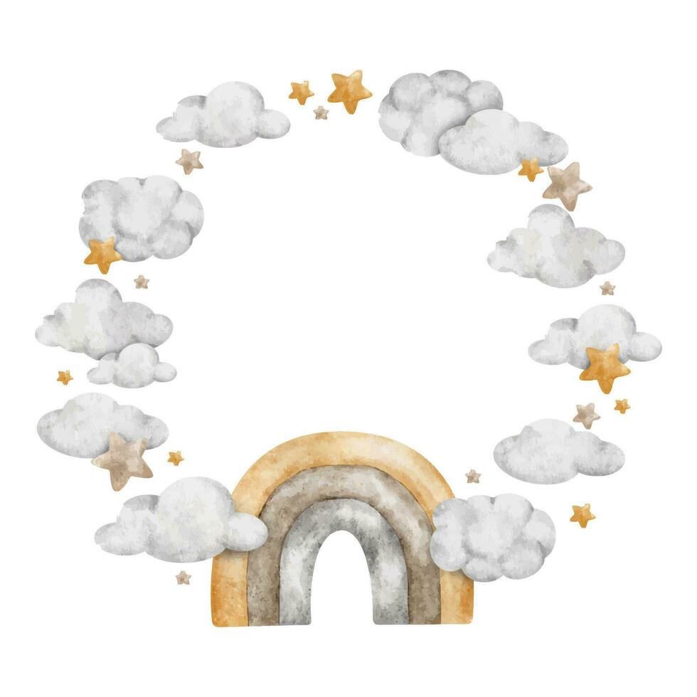 Rainbow with clouds and stars. A wreath of clouds, rainbows and stars. Background for Children. Watercolor round frame. Isolated. Design for kids goods, postcards, baby shower and children's room vector