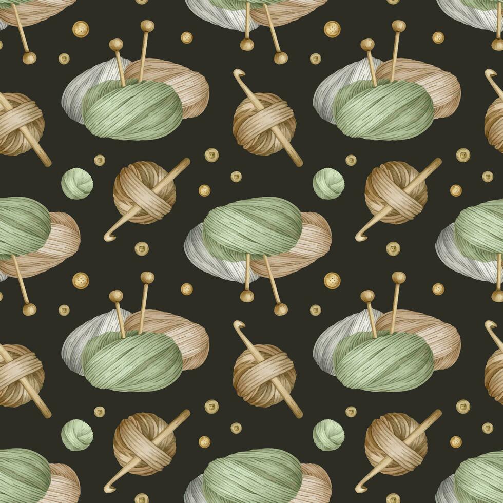 Brown, gray and green yarn balls, knitting needles, buttons . Watercolor seamless pattern on dark background. For fabric, packaging paper, scrapbooking, product packaging design, yarn or wool shop. vector