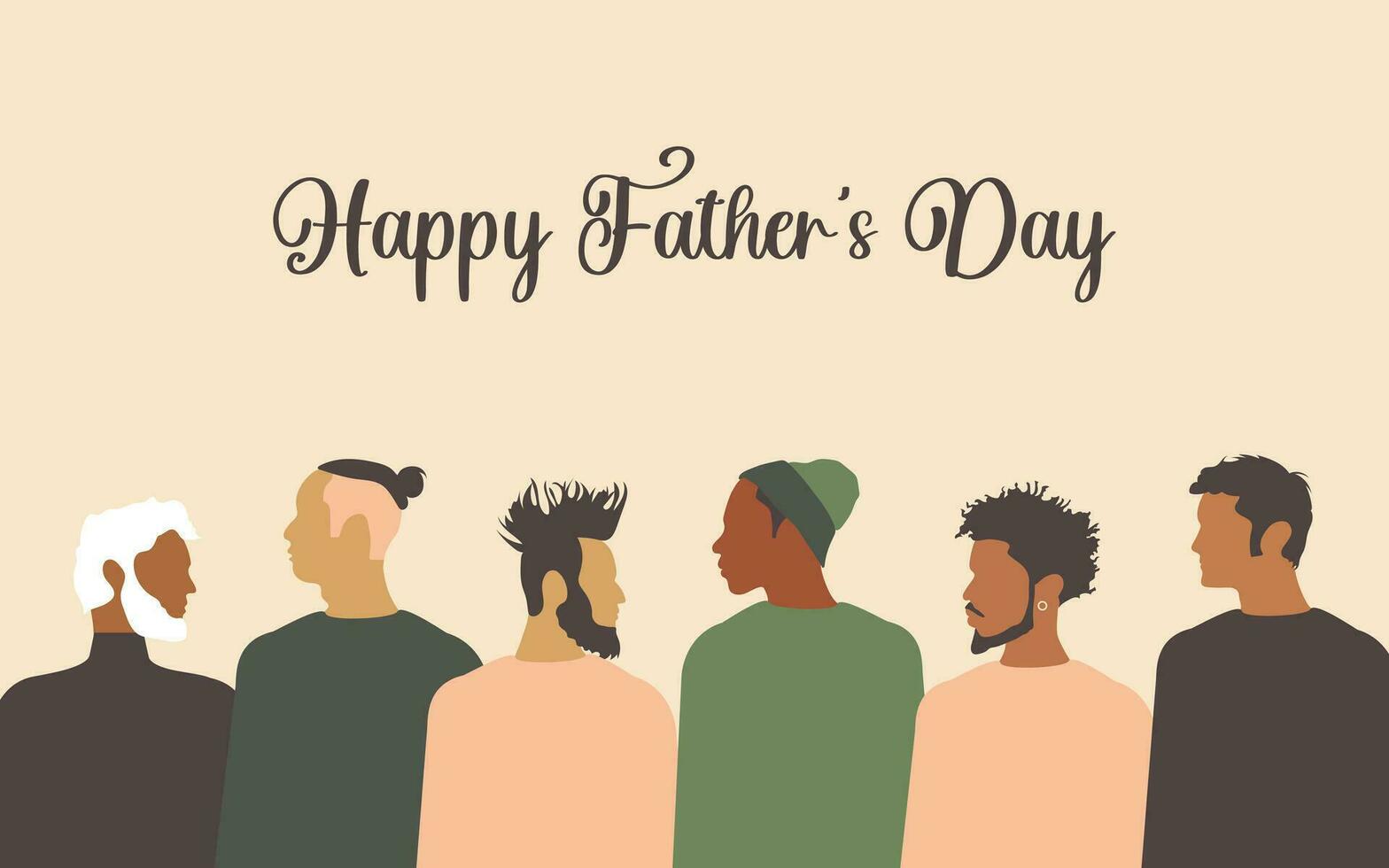 Happy Father's Day. Greeting modern postcard with men of different nationalities and religions who have children. Vector. vector
